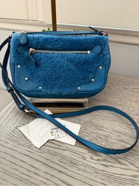 Coach Teal Blue Shearling & Pebbled Leather Crossbody with silver hardware NWT
